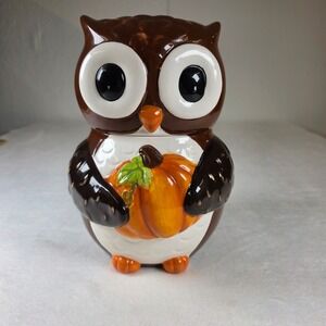 Home Accents Ceramic Owl Cookie Jar with Pumpkin Fall Thanksgiving Decor Brown